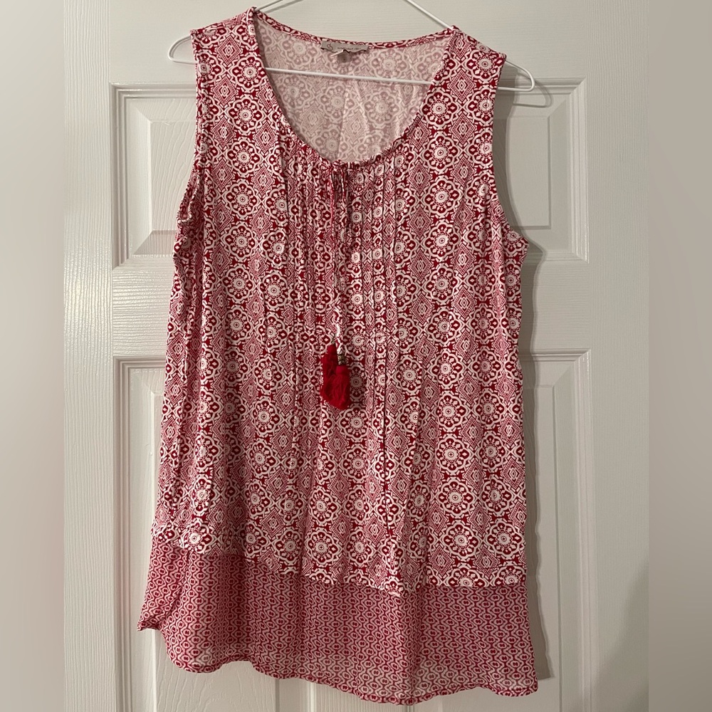 Red and white patterned blouse